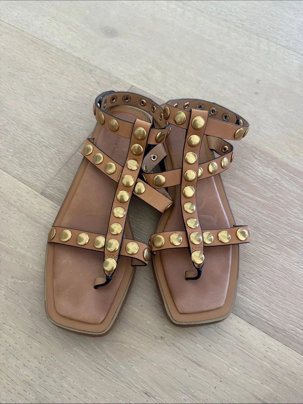Rebecca Minkoff gold stud Sandal brown/ nude 5.5